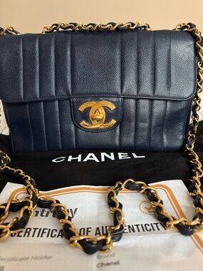CHANEL Navy Quilted Caviar Leather maxi Bag w/ 24K Gold plated Hardware